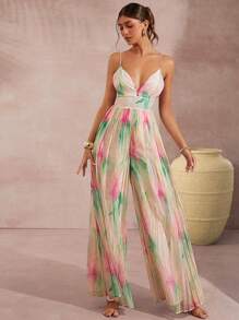 L'Amorae Print Plunging Neck Wide Leg Cami Jumpsuit - Multicolor - View 7