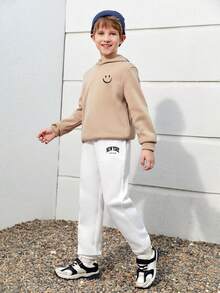 SHEIN Tween Boy Thắt lưng co giãn Dây rút in chữ Quần bó sát thông thường có túi bên - trắng - Xem 5