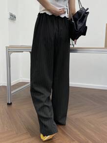 DAZY 女式休闲条纹拼布撞色抽绳阔腿裤 - 黑色 - 查看 2