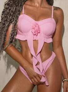 Twin Melody X SHEIN SHEIN Swim Women's 3D Flower Bikini Set With Ruffled Hem For Summer Beach - Pink - View 5