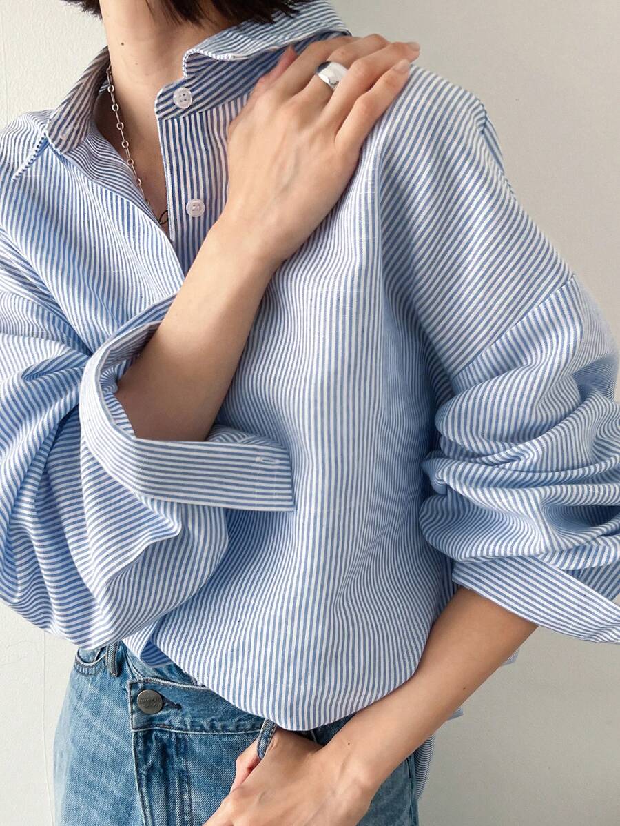 FRIFUL Striped Print Button Front Blouse Long Sleeve Top
