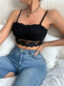 SHEIN Floral Lace Scallop Trim Bralette, Lingerie - Black - View 3