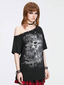 ROMWE Y2K Grunge Punk Spring/Summer Distressed Vintage Loose Drop Shoulder T-Shirt With Asymmetrical Neck, School - Black - View 3