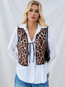SHEIN Essnce Women's 2024 Autumn And Winter New Fashion Leopard Print Warm Quilted Jacket Vest