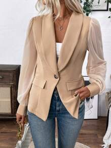 SHEIN LUNE Women's Khaki Mesh Splice Suit Jacket