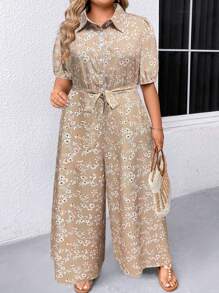 SHEIN LUNE Plus Allover Floral Print Belted Shirt Jumpsuit - Apricot - View 5