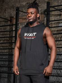 Manfinity Fitness Men Plus Size Slogan Print Drawstring Hooded Sports Tank Top