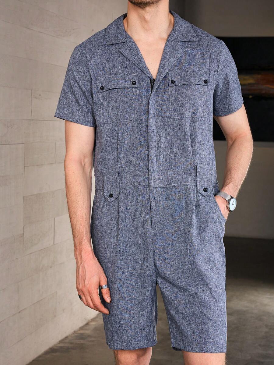 Manfinity Homme Men Flap Pocket Button Front Romper Summer Holiday Casual Long Linen Pants - Dark Grey - View 1