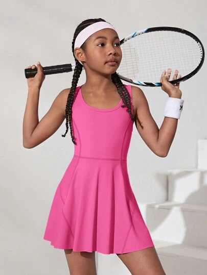 SHEIN Vestido deportivo para niña preadolescente de punto con cuello en U y unicolor