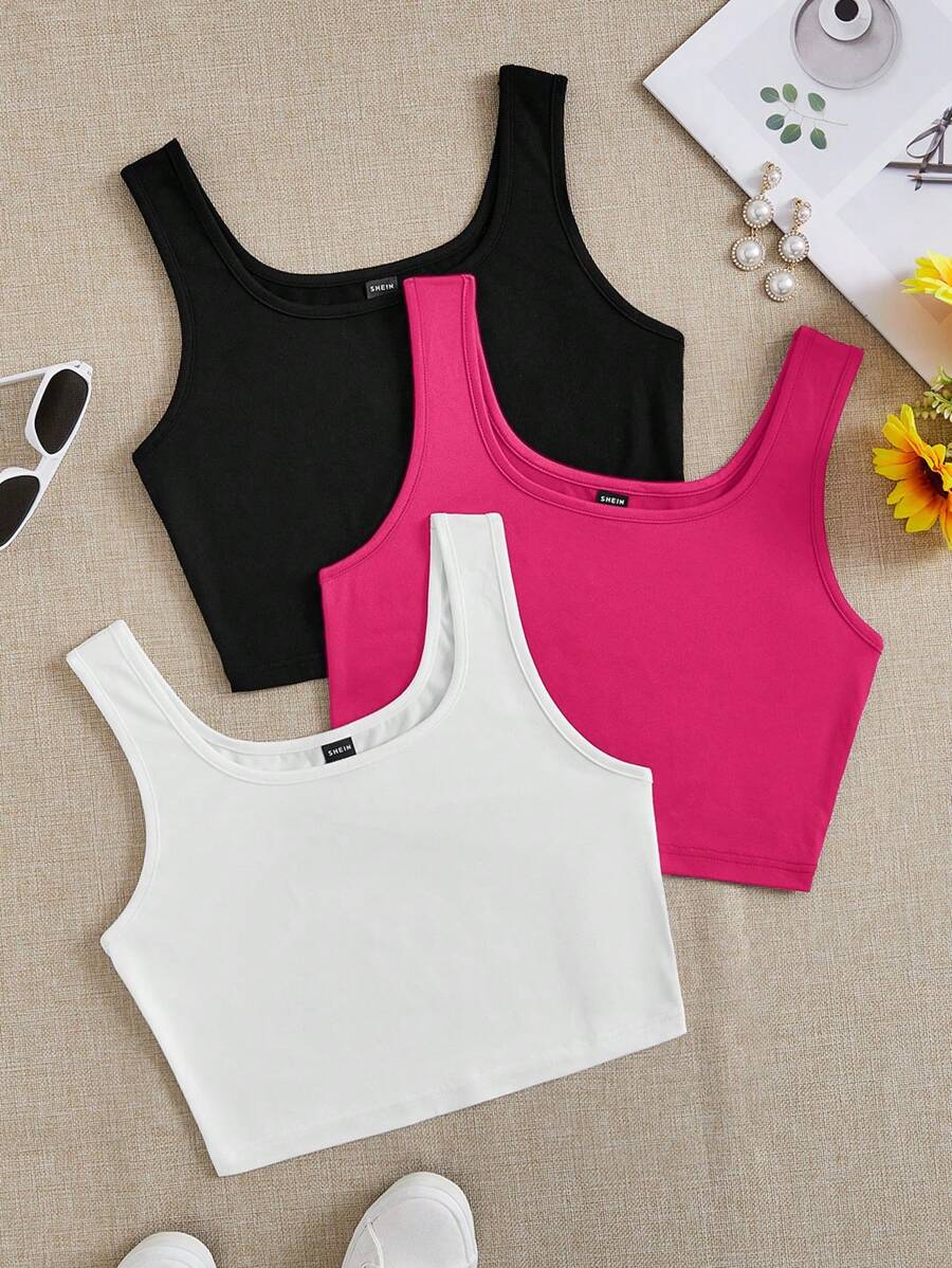 SHEIN EZwear 3 chiếc áo ba lỗ bó sát siêu ngắn dành cho nữ, thích hợp cho mùa hè - Nhiều màu - Xem 1