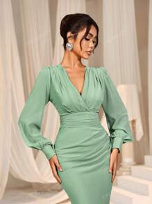 Faeriesty Elegant Cross-Over V-Neck Lantern Sleeve Mermaid Hem Dress - Sophisticated Timeless Design For Spring/Summer Weddings, Galas, Red Carpet Bridesmaid Dress