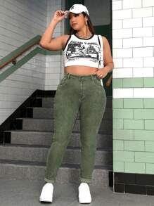 SHEIN ICON Plus Size Dark Washed High Stretch Skinny Jeans Autumn Outfits For Women Festival Outfits Casual Jeans - Army Green - View 5