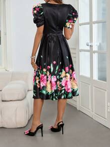 SHEIN Clasi Floral Print Gigot Sleeve Dress - Black - View 2