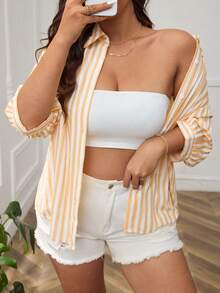 SHEIN Frenchy 加肥條紋印花下垂肩襯衫 - 黃色 - 查看 2