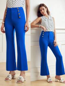 MOTF Classy 金色鈕扣細節縫紋前開叉喇叭褲 - 藍色 - 查看 10