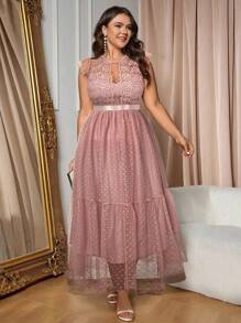 SHEIN Belle Vestido de línea A de malla con dobladillo de volante superpuesto de malla para tallas grandes - Rosa vieja - Ver 3