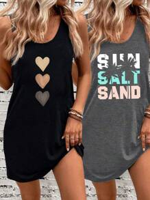 SHEIN LUNE Bộ 2 chiếc đầm nữ cổ tròn in hình trái tim & đi biển thích hợp cho mùa hè - Nhiều màu - Xem 1