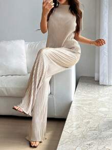 Almamuse Conjunto para mujer de manga corta y cuello alto de unicolor con pantalones - Caqui - Ver 6