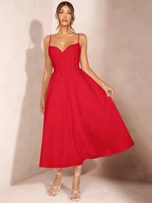 SHEIN BAE 女式束腰肩帶超A字裙中長禮服，白色畢業典禮/婚禮/優雅洋裝 - 紅色 - 查看 4