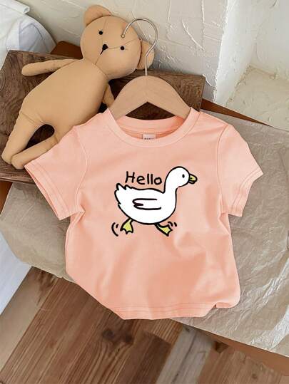 SHEIN ModeFlare Wear 可爱鸭子印花女婴休闲简约短袖圆领上衣，适合夏季，含 95% 棉