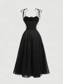 SHEIN MOD 黑色 3D 花卉复古宫廷提花欧根纱连衣裙返校服黑色连衣裙复古风格长裙秋装服装 - 黑色 - 查看 2