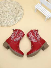 儿童靴子 女童鞋 高筒靴 中筒靴 刺绣高跟鞋 西部牛仔靴 尖头侧拉链 - 紅色 - 查看 6