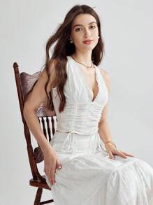 Enchnt Romantic Summer Holiday White Cute Drawstring Front Eyelet Embroidery Top - White - View 7