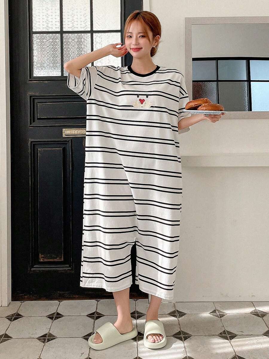 DAZY 女士夏季可愛動物卡通表情條紋連體睡衣 - 黑與白 - 查看 1