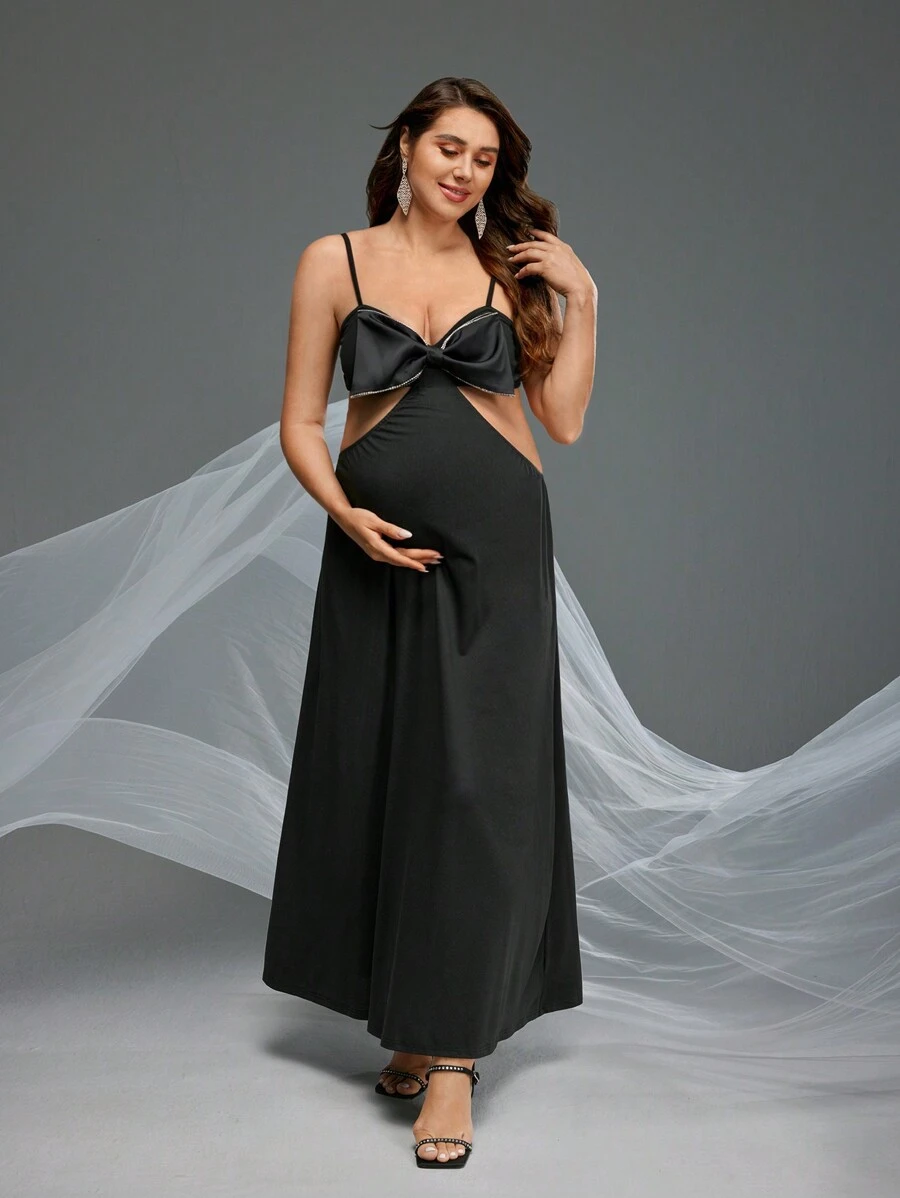 SHEIN 孕婦寫真中空腰間背心裙,孕婦服裝 - 黑色 - 查看 1