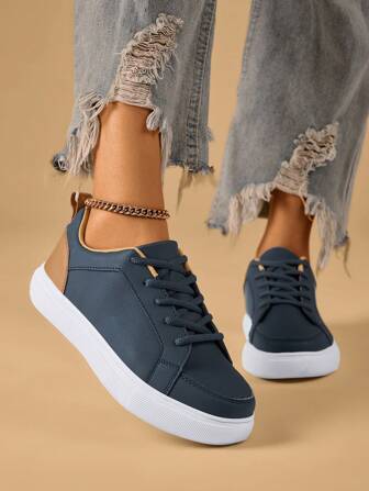 Women Two Tone Lace-up Front Casual Shoes, Sporty Outdoor Skate Shoes