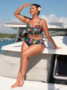 SHEIN Swim Curve Bộ bikini dây rút in họa tiết nhiệt đới cỡ lớn mùa hè - Nhiều màu - Xem 3
