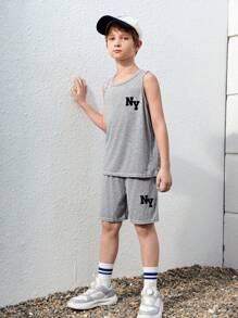SHEIN 青少年男孩字母圖案背心和運動短褲套裝 - 淺灰色 - 查看 4