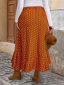 SHEIN VCAY Saia Plus Size vintage com estampa de bolinhas, amarrada na cintura, com base marrom e bolinhas brancas, perfeita para as férias de verão. - Castanho - Visão 2