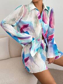 SHEIN Essnce Blouse et shorts avec impression intégrale et garniture en laitue. Style décontracté "Old Money" pour femmes. Hauts pour sortir, tenues d'automne, tenues de sortie - Multicolore - Voir 6