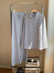 SHEIN EZwear 女式长袖条纹衬衫和裤子两件套 - 藍白色 - 查看 5