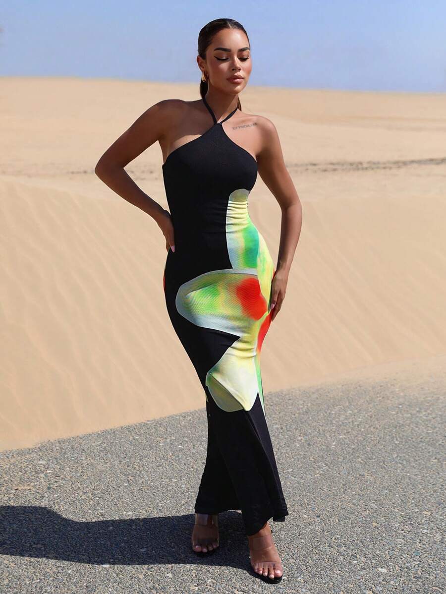 SHEIN BAE Floral Print Halter Neck Backless Mermaid Hem Longline Dress - Black - View 1