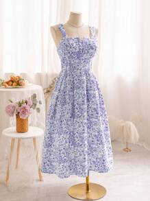 Soleia 假期薄肩藍白色印花A線加大碼連身裙