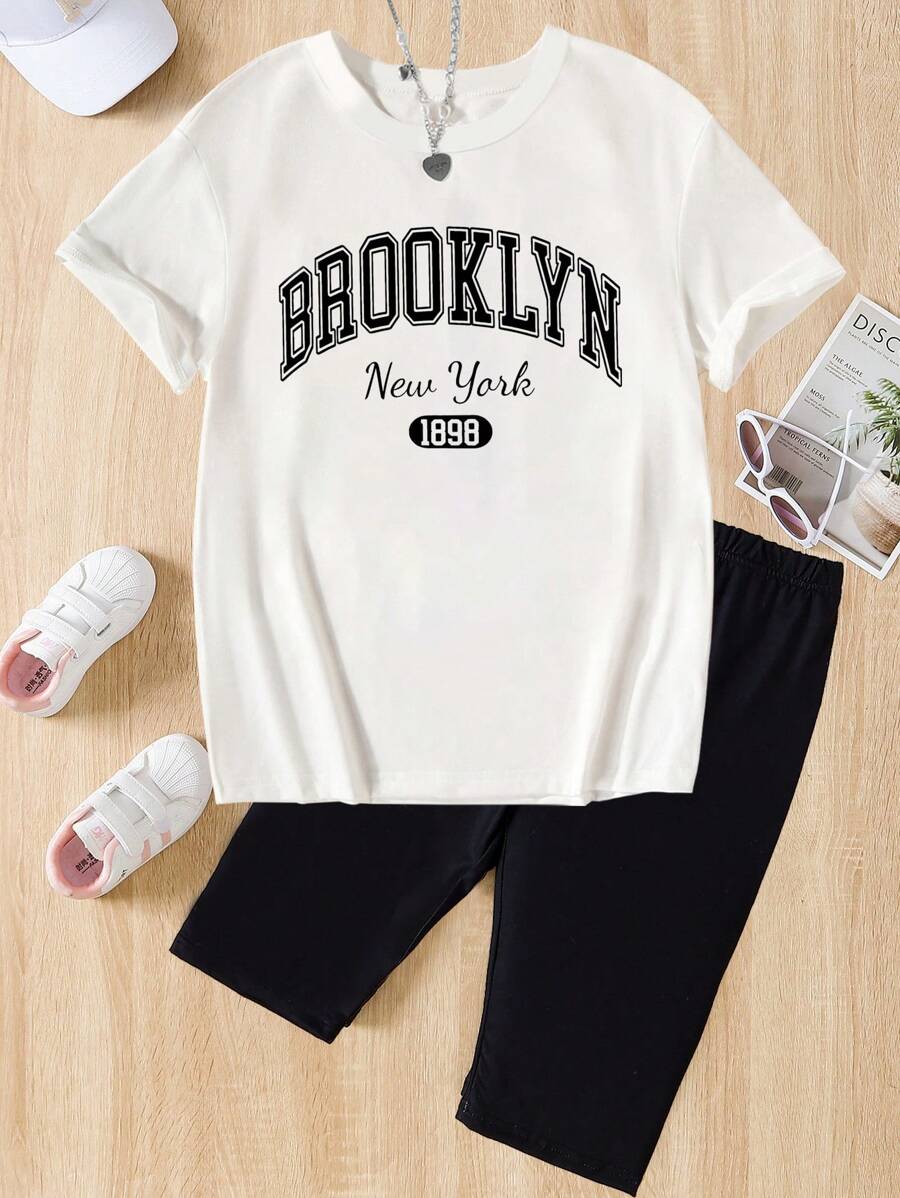 SHEIN Tween Girl Summer Casual Letter Printed Short Sleeve T-Shirt And Leggings Set - White - View 1
