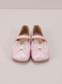 儿童时尚一推式钩环公主网眼闪光蝴蝶结休闲平底鞋 - 粉色 - 查看 3