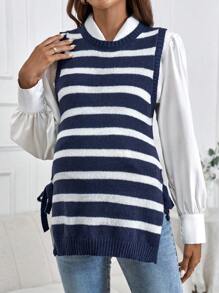 SHEIN Maternity Round Neck Striped Side Slit Fitted Long Sweater - Navy Blue - View 5