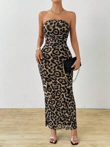 Chiquease Vestido largo con estampado de leopardo para mujer - Caqui - Ver 2