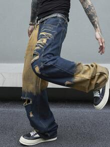 Manfinity Streetrush Pantalones vaqueros rectos rasgados para hombre sin cinturón, pantalones vaqueros anchos azul oscuro de pierna larga desgastados y holgados, para regalos de esposo o novio