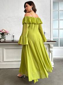 Modelyn 大码露肩荷叶边饰荷叶边袖连衣裙，长款雪纺优雅连衣裙，适合婚礼嘉宾/场合/仪式/晚会长款晚礼服 - 綠色 - 查看 2