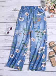 SHEIN Teen Girls Denim Effect Botanical Pattern Blue Washed Denim Soft Baggy Wide Leg Trousers - Medium Wash - View 1