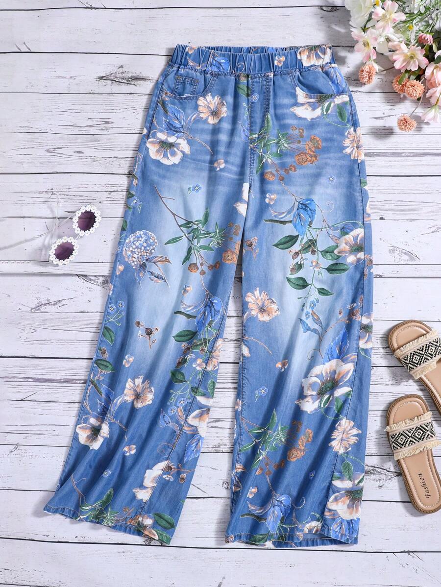 SHEIN Teen Girls Denim Effect Botanical Pattern Blue Washed Denim Soft Baggy Wide Leg Trousers - Medium Wash - View 1