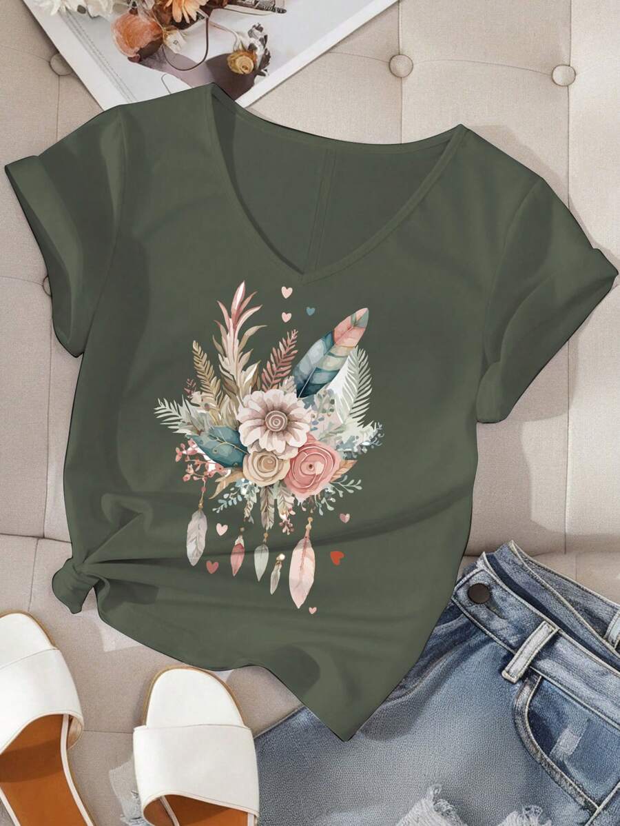 EMERY ROSE 大码休闲花朵羽毛图案 V 领修身 T 恤适合夏季 - 軍綠色 - 查看 1