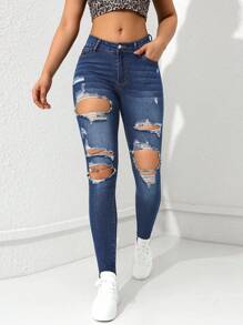 Flexra Ripped Cut Out Skinny Jeans - Dark Wash - View 4