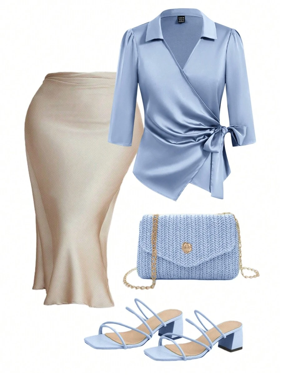 Gownix Solid Wrap Knot Side Blouse - Baby Blue - View 1