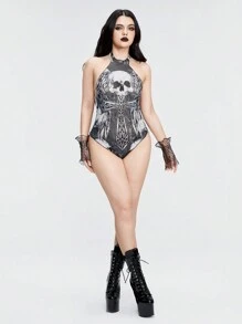ROMWE Grunge Punk Dark Punk Skull & Mesh Print Halterneck Bodysuit - Black - View 6