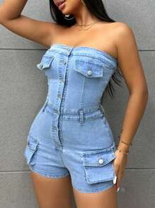 SHEIN SXY Bộ áo liền quần denim nữ Bộ áo liền quần ống màu xanh Bộ áo liền quần túi đi làm ba chiều Bộ đồ liền thân thời trang đường phố sai lầm Trang phục mùa hè Quần vận chuyển Quần áo liền quần Trang phục một mảnh Jumpsuit Quần áo mùa thu Trang phục đi học lại Quần áo nữ Rompers Rave Back To School Trang phục sân bay Halloween - Rửa nhẹ - Xem 3